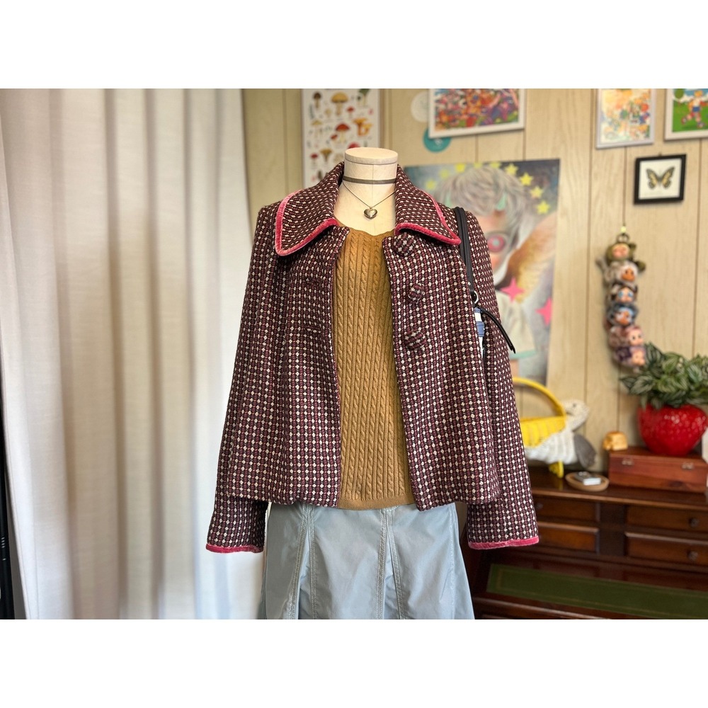 Midtown Burgundy Pink Tweed Cropped Jacket Velvet Trim Peter Pan Collar Sku 209